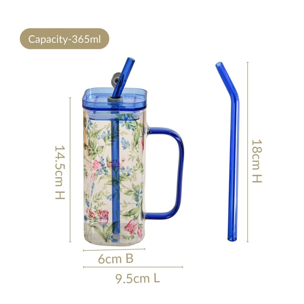 Set Of 2 Blue Floral Leakproof Travel Glass Sipper Cup With Straw 365ml