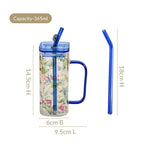 Set Of 2 Blue Floral Leakproof Travel Glass Sipper Cup With Straw 365ml