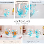 Set Of 2 Double Walled Flower Coffee Mug Blue 350ml