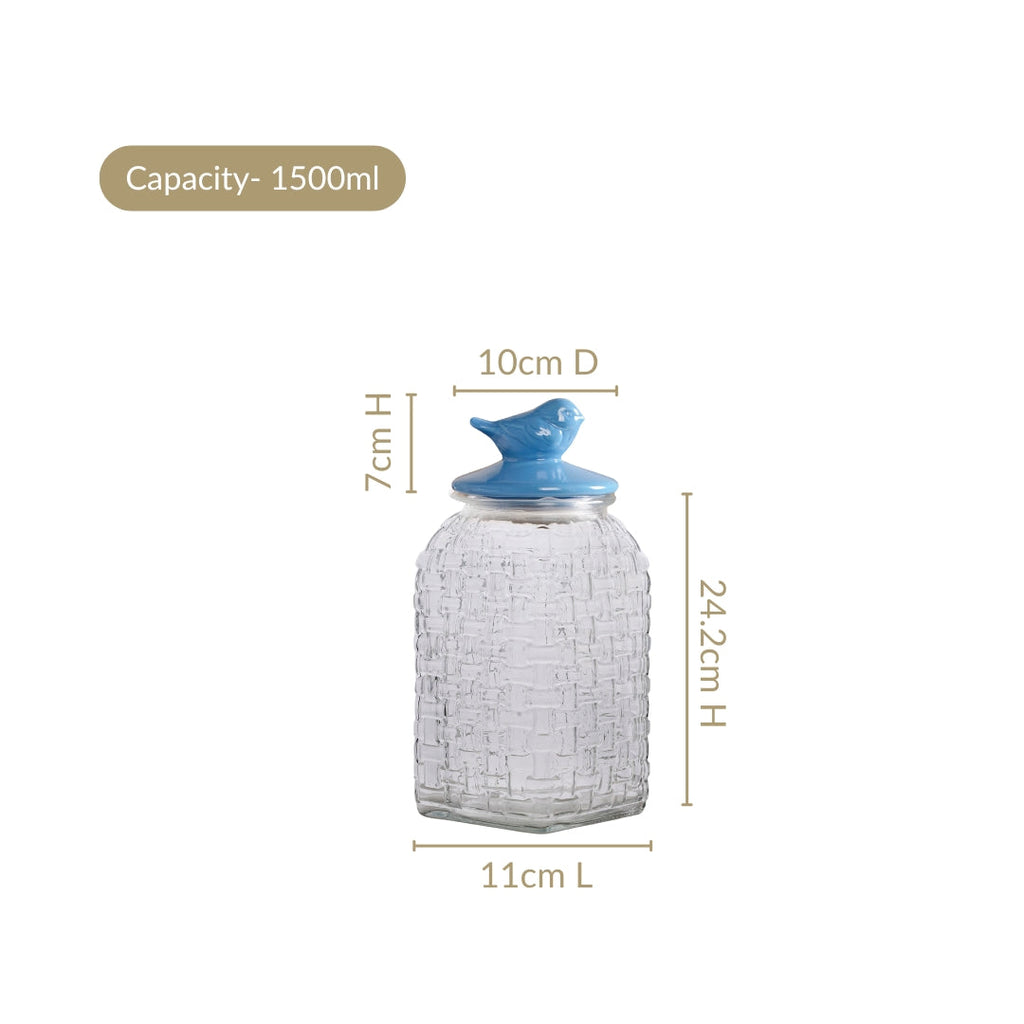 Bird Glass Jar With Blue Ceramic Lid Set Of 2 1500ml