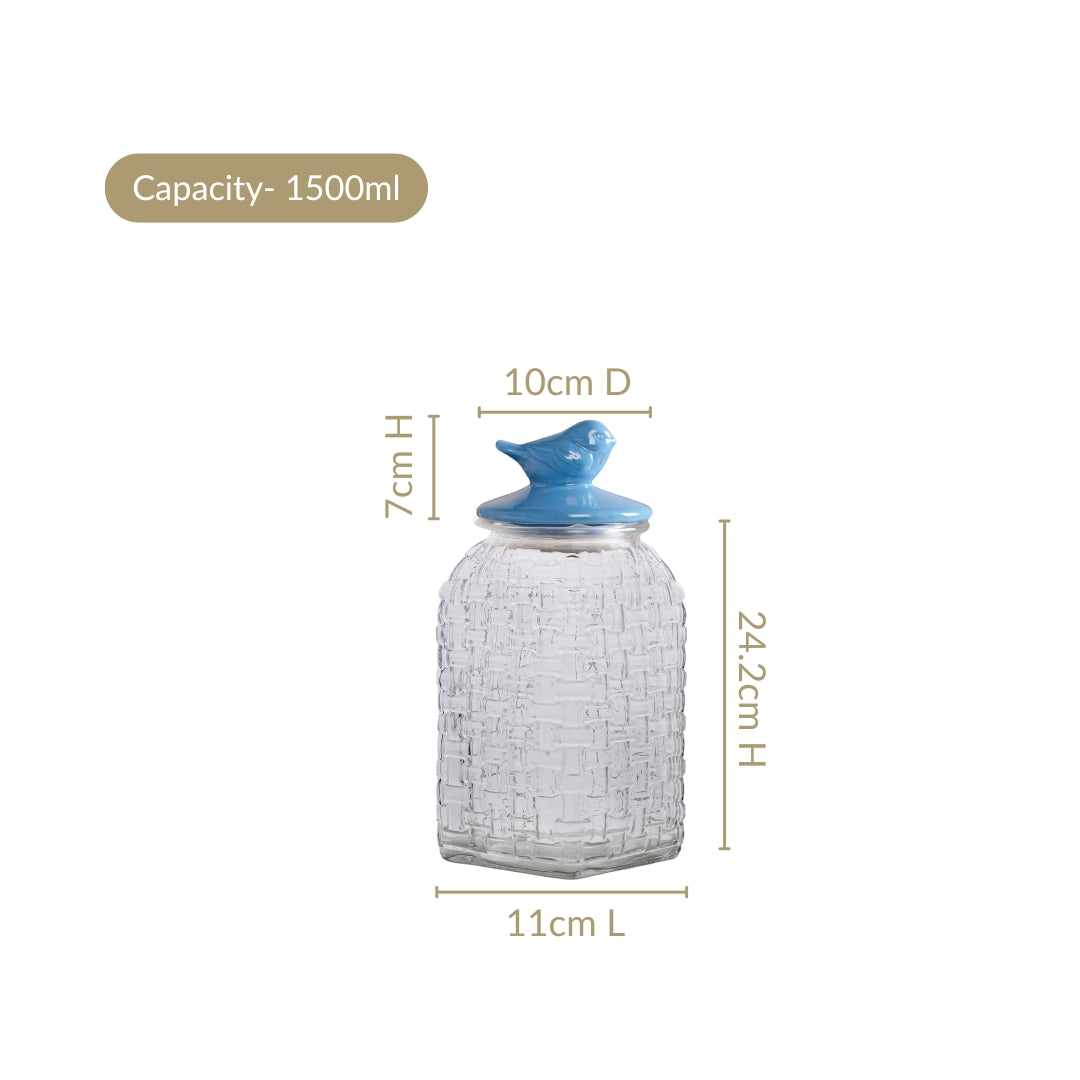 Bird Glass Jar With Blue Ceramic Lid Set Of 2 1500ml