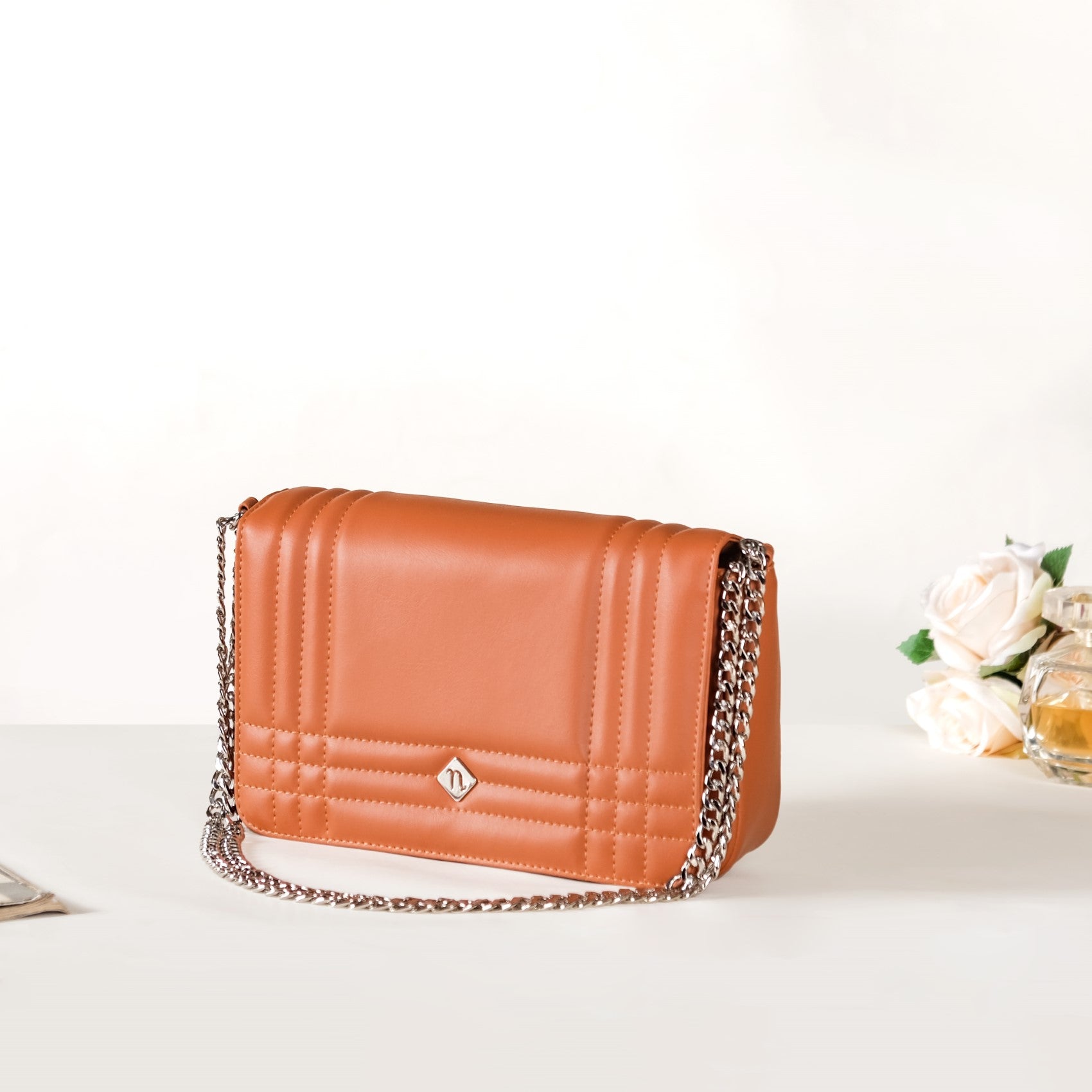 Classic Flap Tan Shoulder Bag With Chain