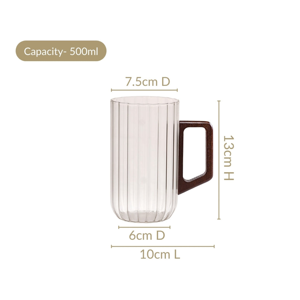 Ribbed Large Glass Mug With Wooden Handle 500ml