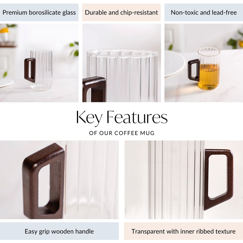 Ribbed Large Glass Mug With Wooden Handle 500ml