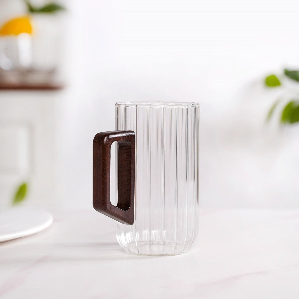 Ribbed Large Glass Mug With Wooden Handle 500ml