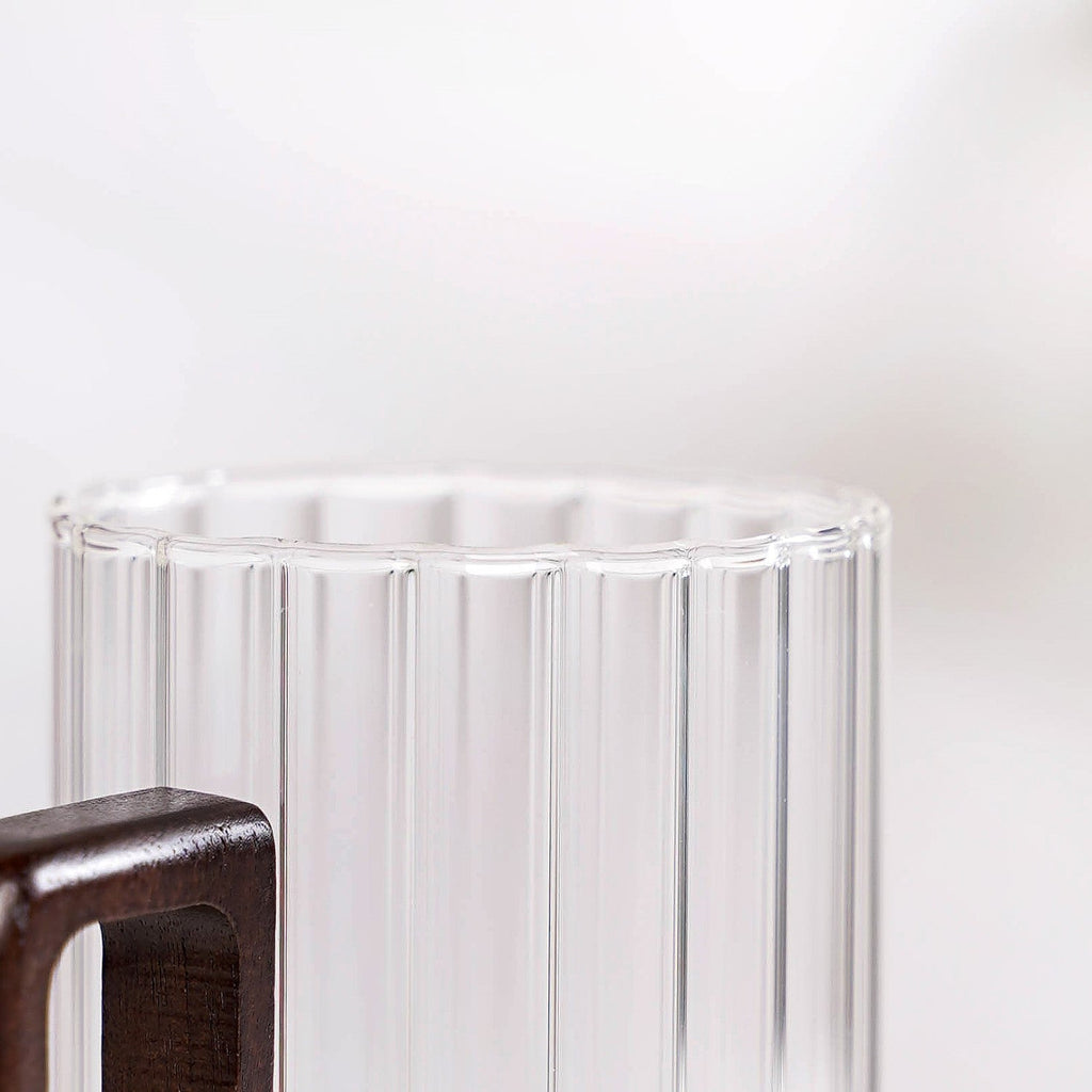 Ribbed Large Glass Mug With Wooden Handle 500ml