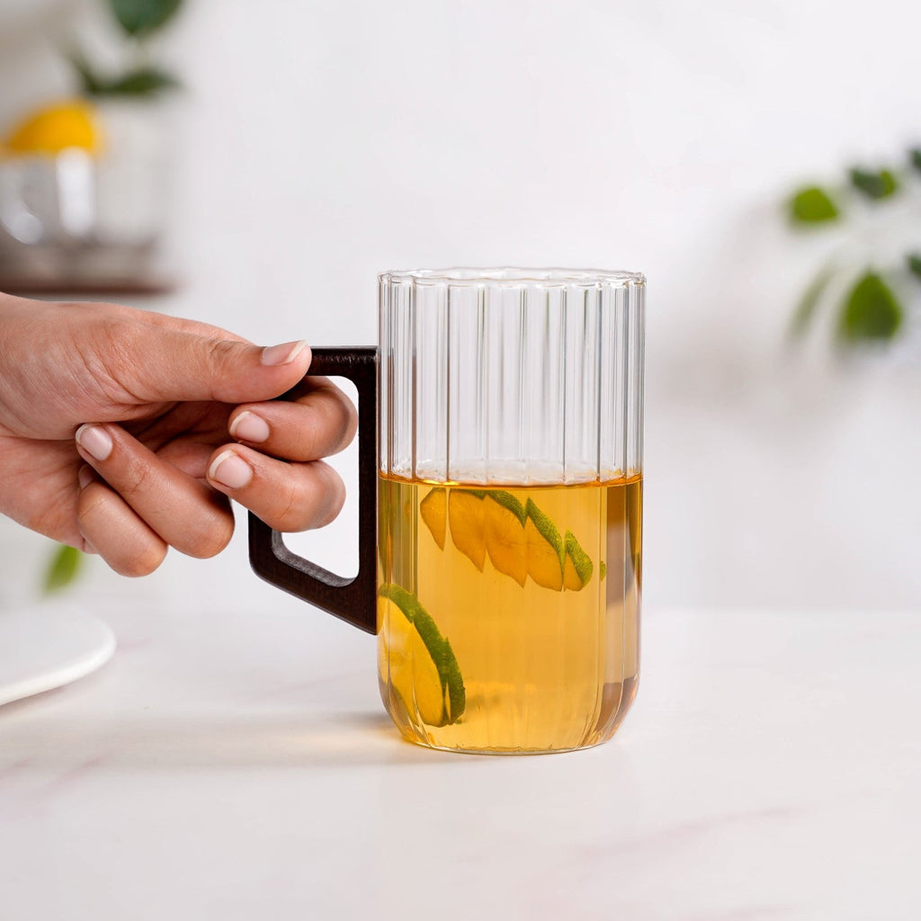 Ribbed Large Glass Mug With Wooden Handle 500ml
