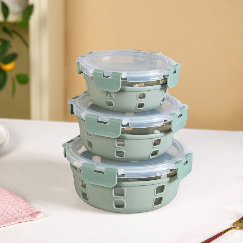 Gripso Borosilicate Glass Lunch Box With Silicone Sleeves Set Of 3 Sage Green