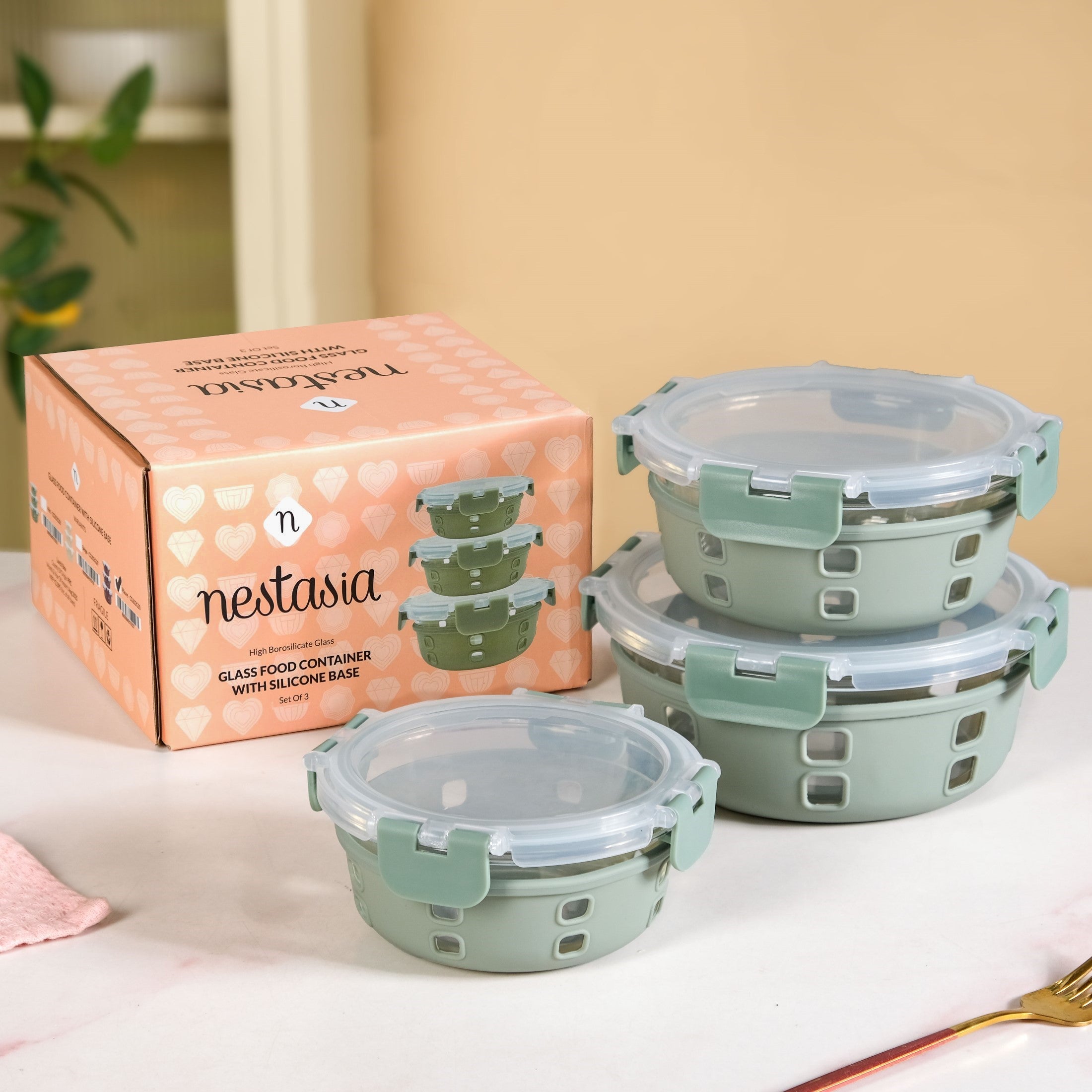 Gripso Borosilicate Glass Lunch Box With Silicone Sleeves Set Of 3 Sage Green