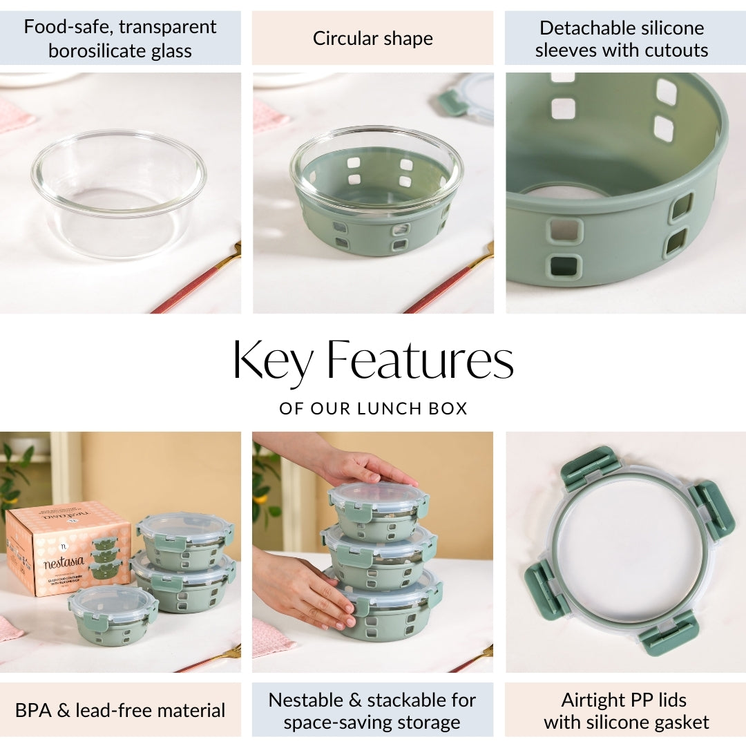 Gripso Borosilicate Glass Lunch Box With Silicone Sleeves Set Of 3 Sage Green