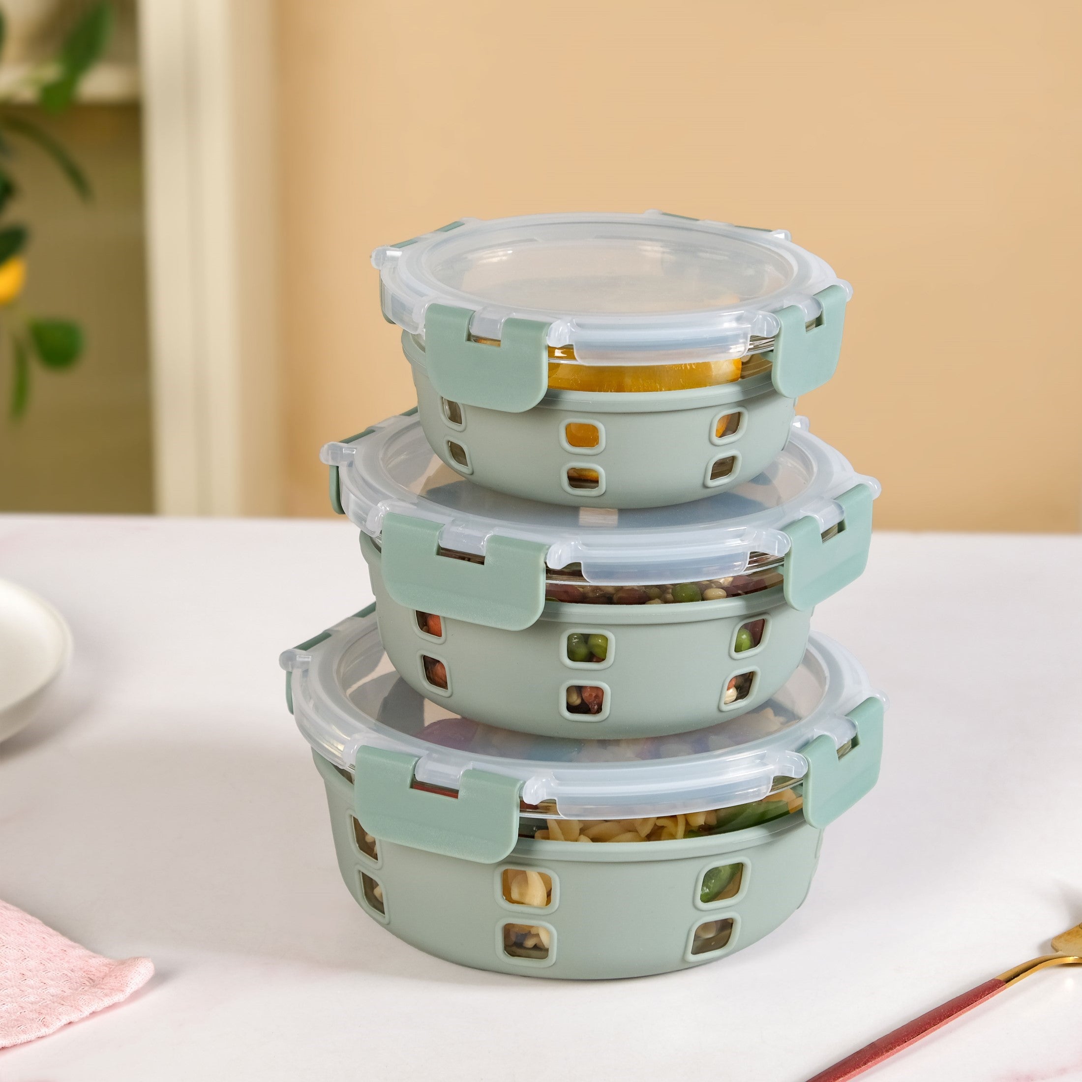 Gripso Borosilicate Glass Lunch Box With Silicone Sleeves Set Of 3 Sage Green