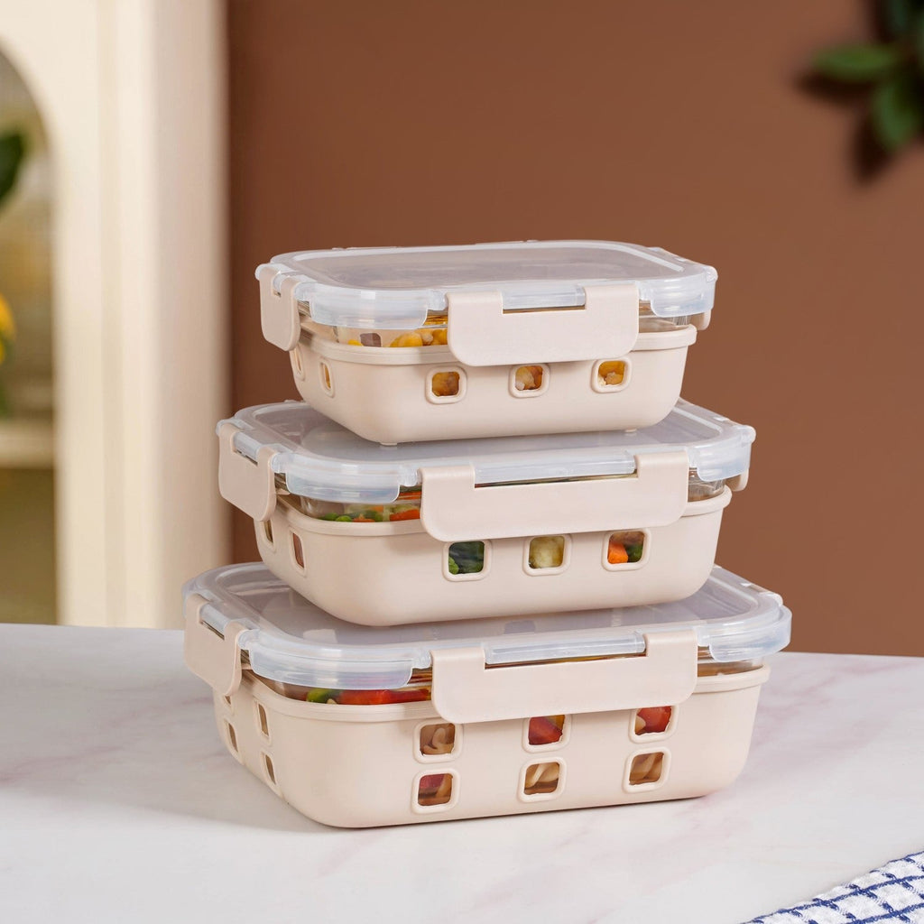 Gripso Food Storage Container With Silicone Sleeves Set Of 3 Beige