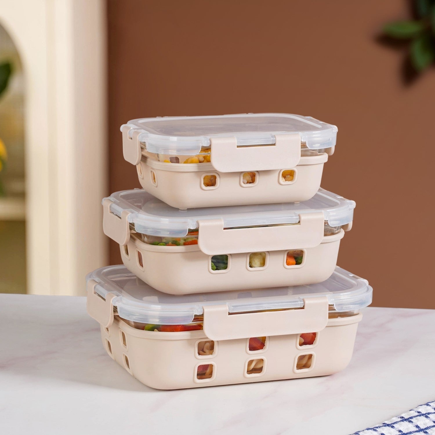 Gripso Food Storage Container With Silicone Sleeves Set Of 3 Beige
