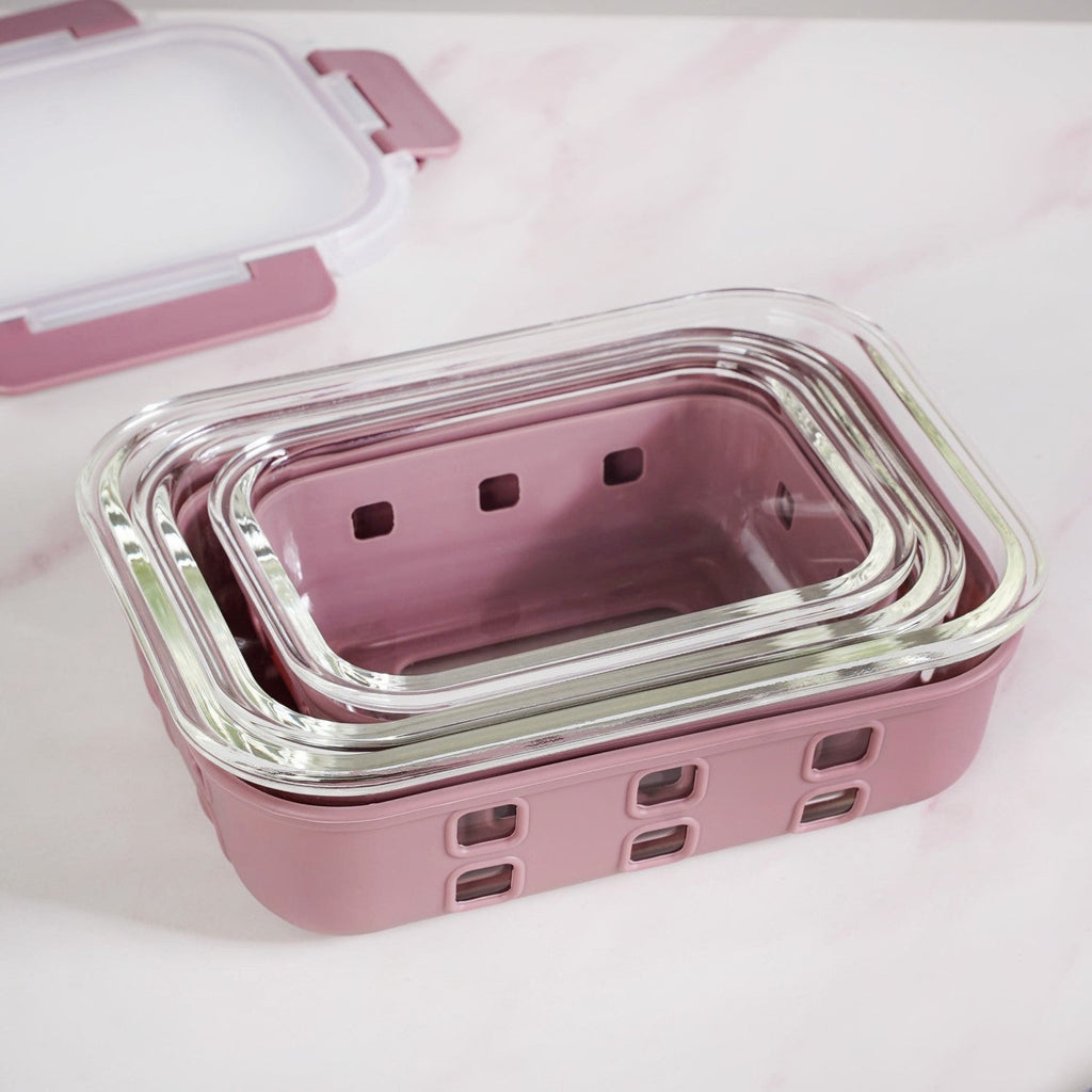 Gripso Glass Lunch Box For Office With Silicone Sleeves Set Of 3 Mauve