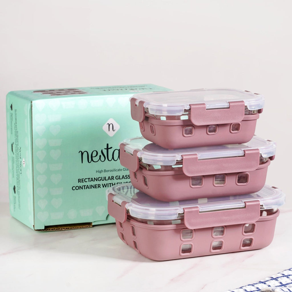 Gripso Glass Lunch Box For Office With Silicone Sleeves Set Of 3 Mauve