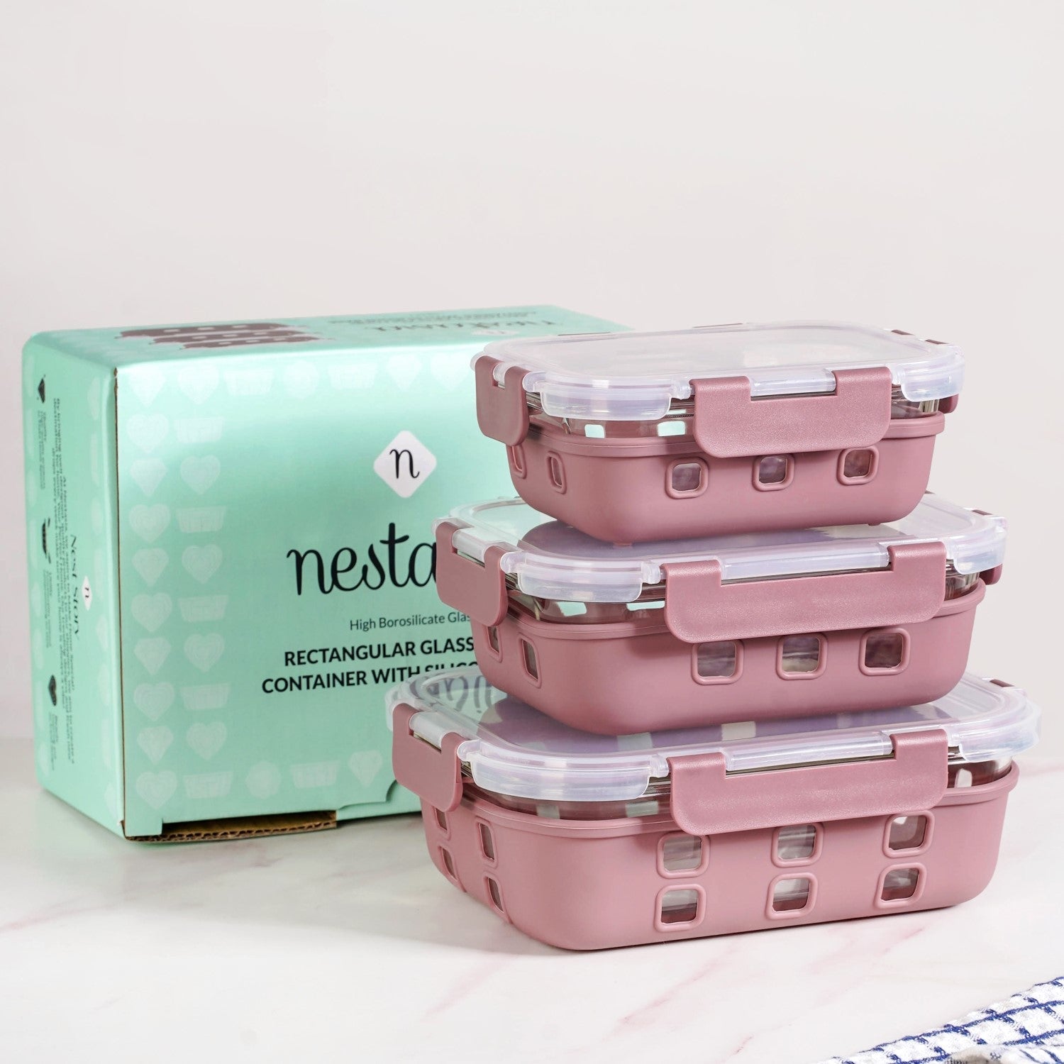 Gripso Glass Lunch Box For Office With Silicone Sleeves Set Of 3 Mauve