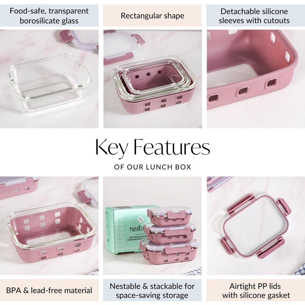 Gripso Glass Lunch Box For Office With Silicone Sleeves Set Of 3 Mauve