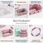 Gripso Glass Lunch Box For Office With Silicone Sleeves Set Of 3 Mauve