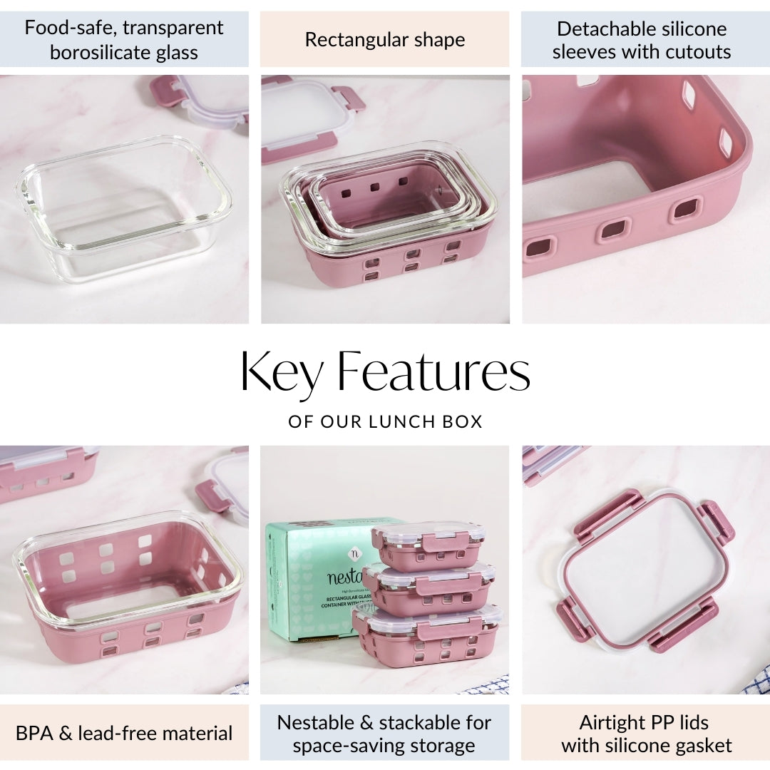 Gripso Glass Lunch Box For Office With Silicone Sleeves Set Of 3 Mauve