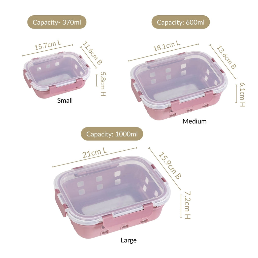 Gripso Glass Lunch Box For Office With Silicone Sleeves Set Of 3 Mauve