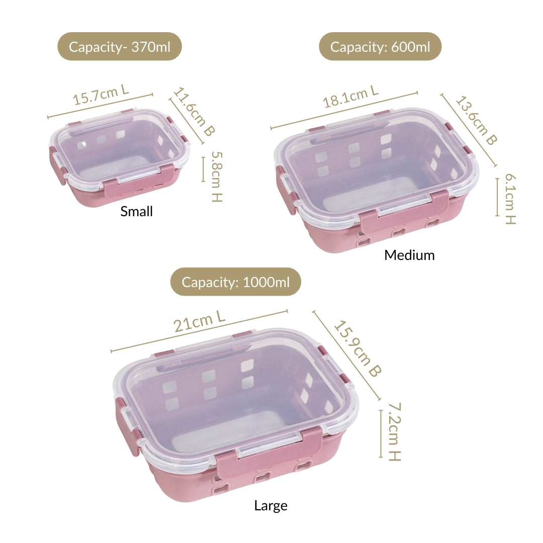 Gripso Glass Lunch Box For Office With Silicone Sleeves Set Of 3 Mauve