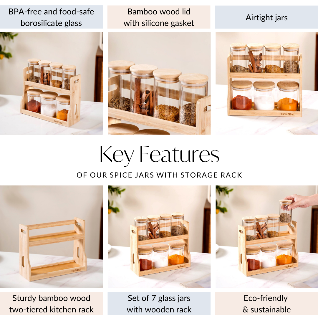 Glass Spice Jars Set of 7 With Wooden Storage Rack