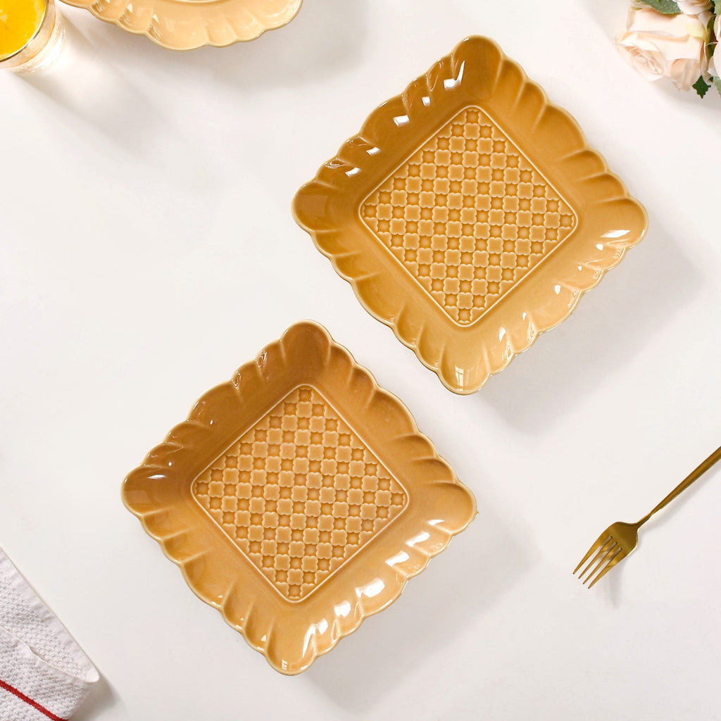 Elegant Scallop Rim Square Platter Set Of 2 Yellow Ochre 8 Inch