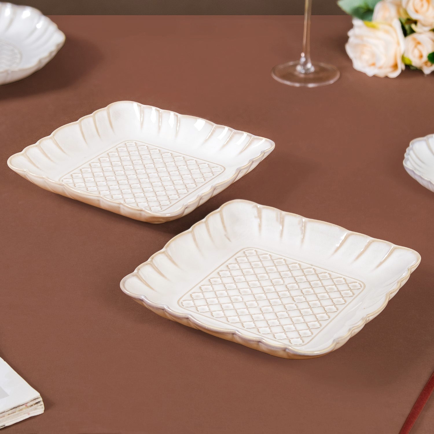 Scalloped Rimmed Square Platter Set Of 2 Ivory 8 Inch