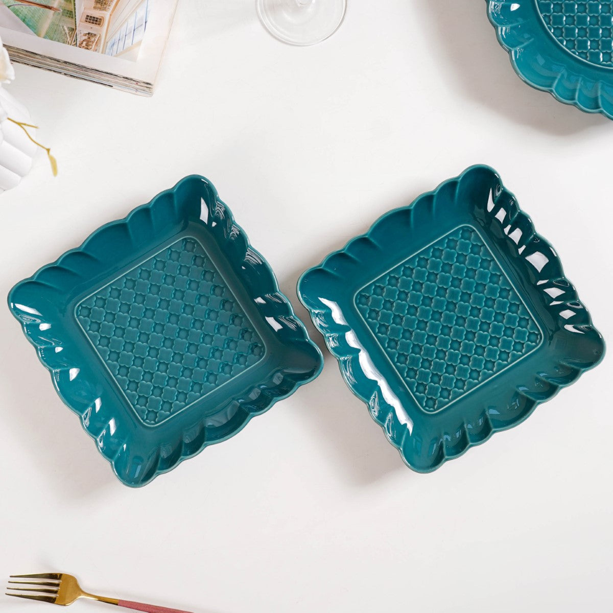 Moroccan Motif Square Platter Dark Green Set Of 2 8 Inch