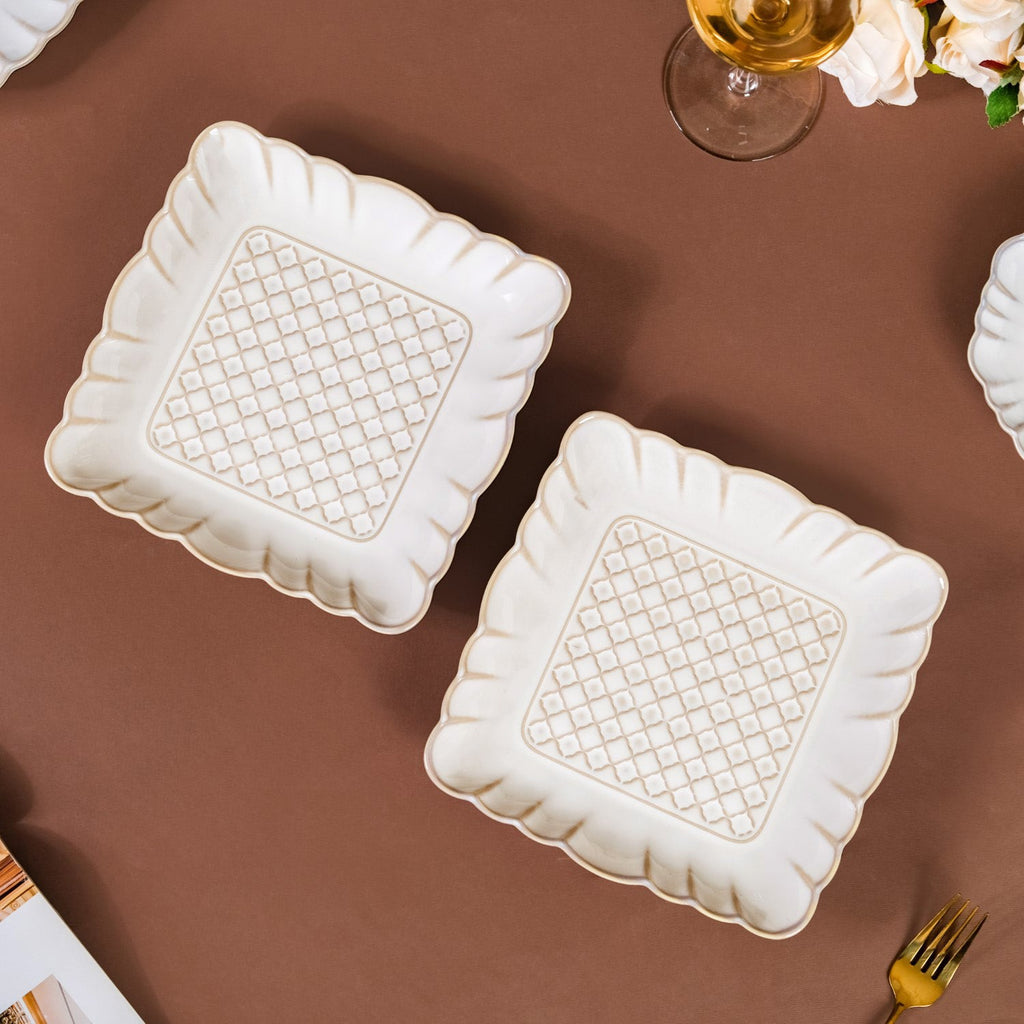 Scalloped Rimmed Square Platter Set Of 2 Ivory 8 Inch