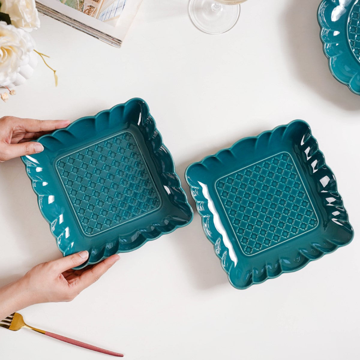Moroccan Motif Square Platter Dark Green Set Of 2 8 Inch