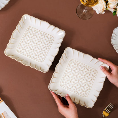 Scalloped Rimmed Square Platter Set Of 2 Ivory 8 Inch