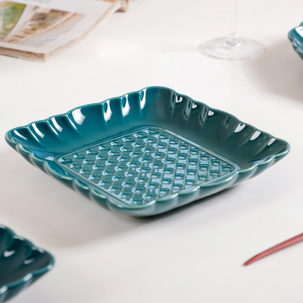 Moroccan Motif Square Platter Dark Green Set Of 2 8 Inch