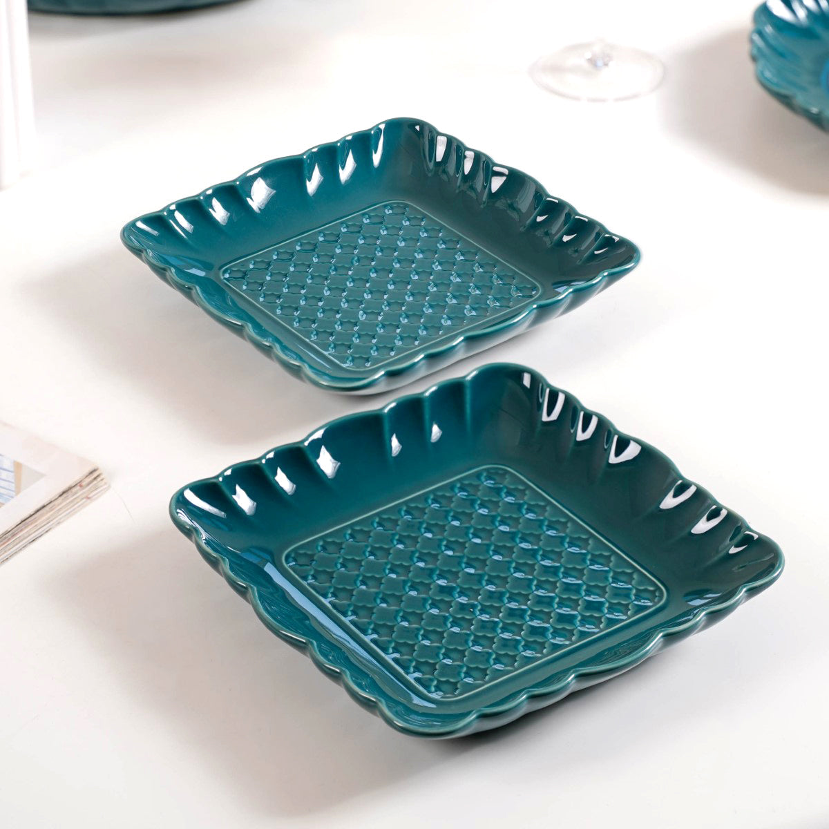 Moroccan Motif Square Platter Dark Green Set Of 2 8 Inch