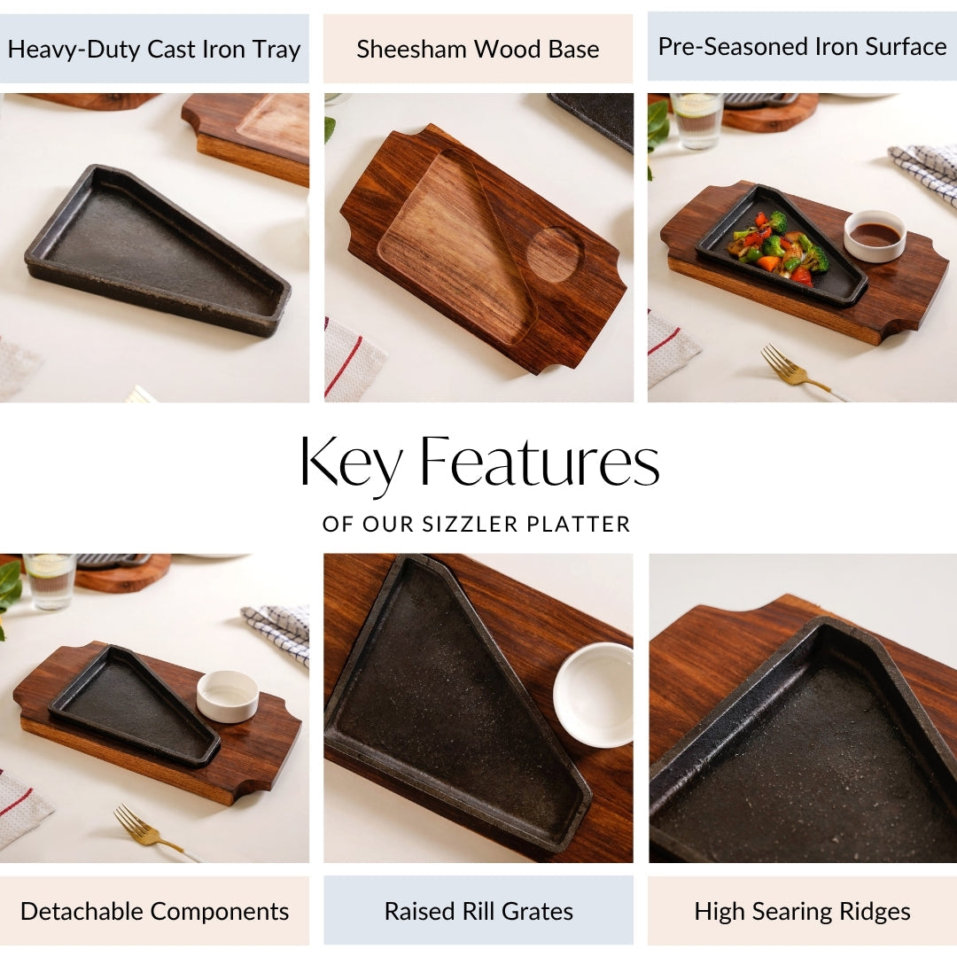 Gourmet Sizzler Plate With Dip Bowl And Wooden Base