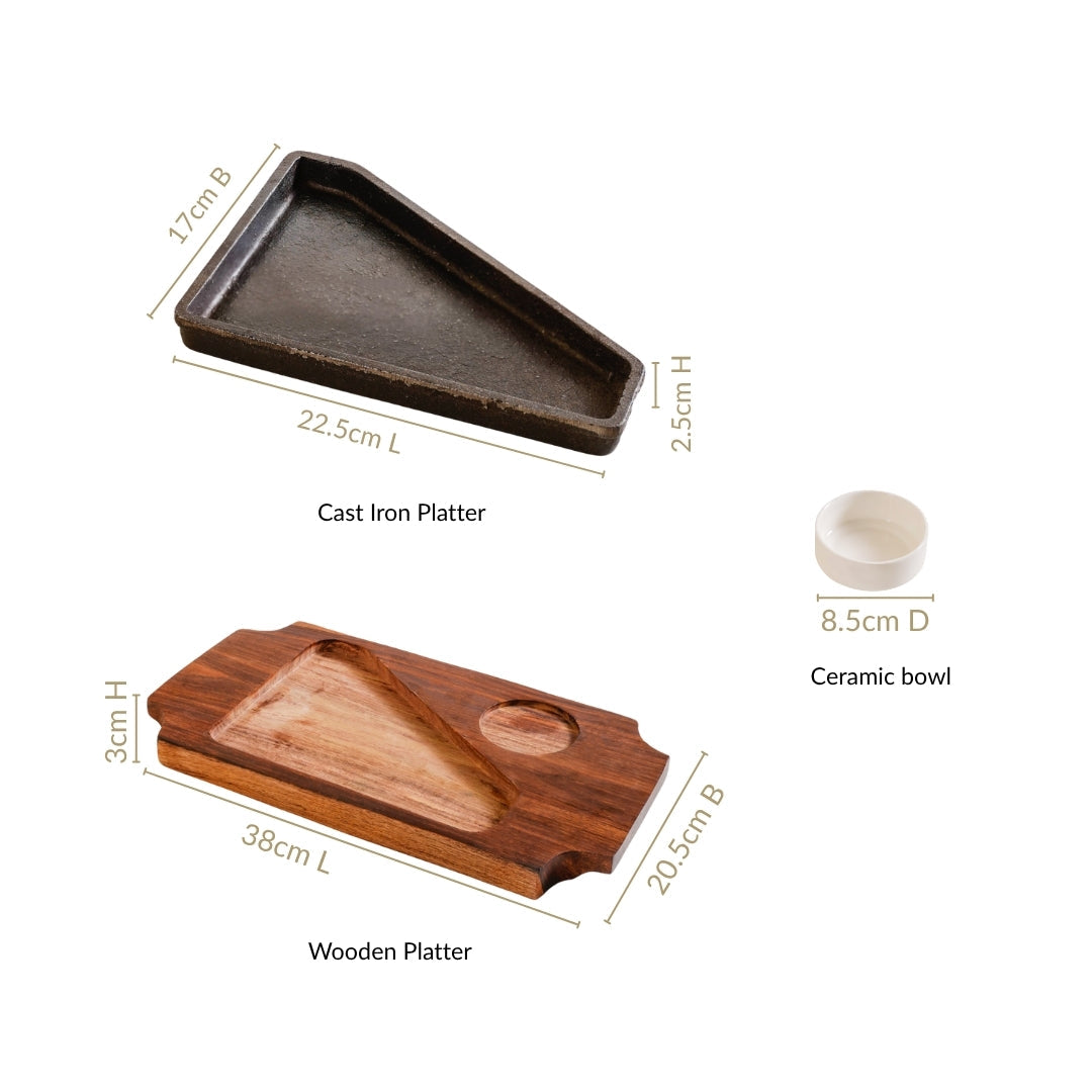 Gourmet Sizzler Plate With Dip Bowl And Wooden Base