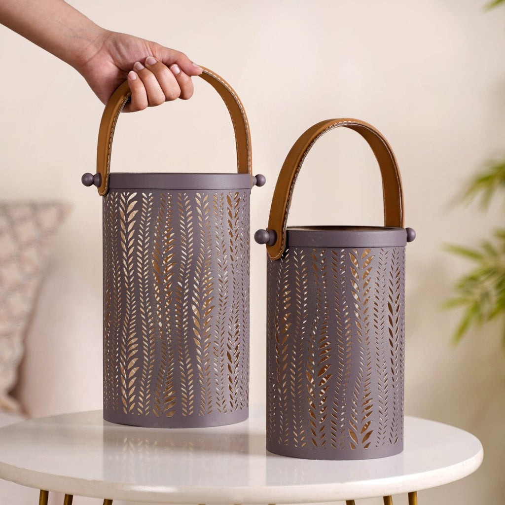 Matte Taupe Leaves Cutwork Metal Lantern Set Of 2