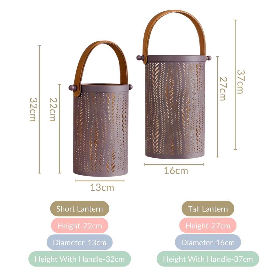 Matte Taupe Leaves Cutwork Metal Lantern Set Of 2