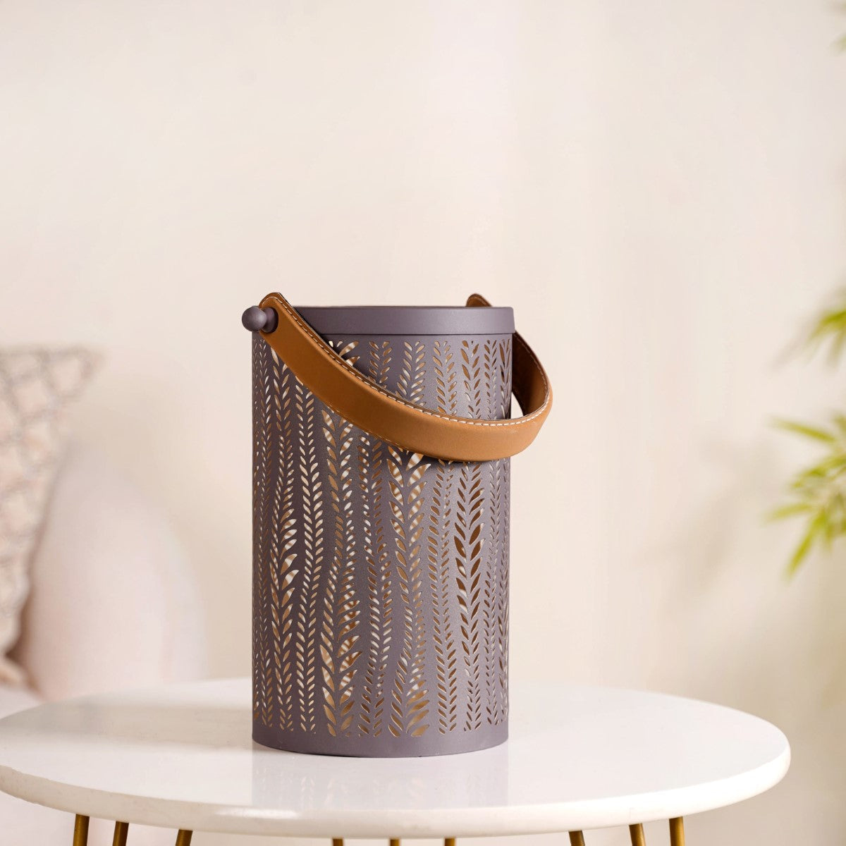 Matte Taupe Leaves Cutwork Metal Lantern Set Of 2