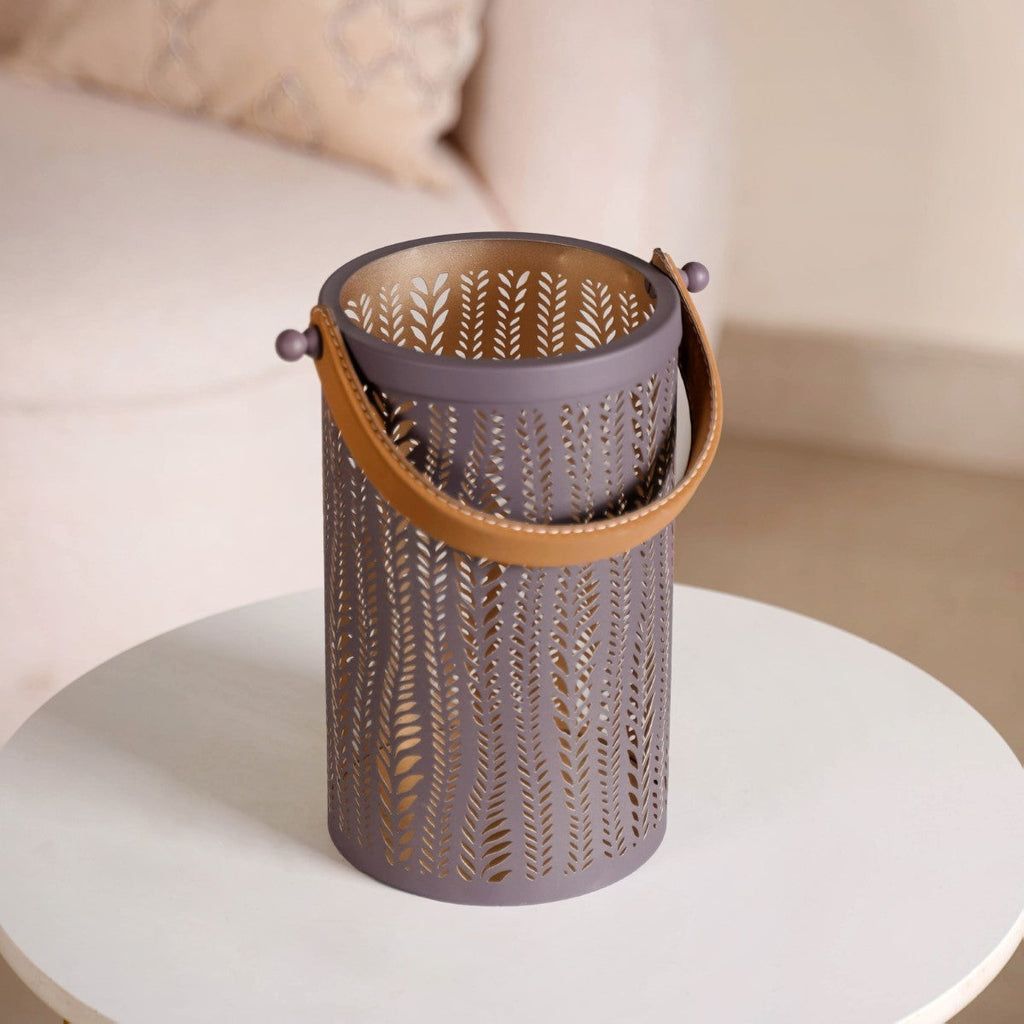 Matte Taupe Leaves Cutwork Metal Lantern Set Of 2