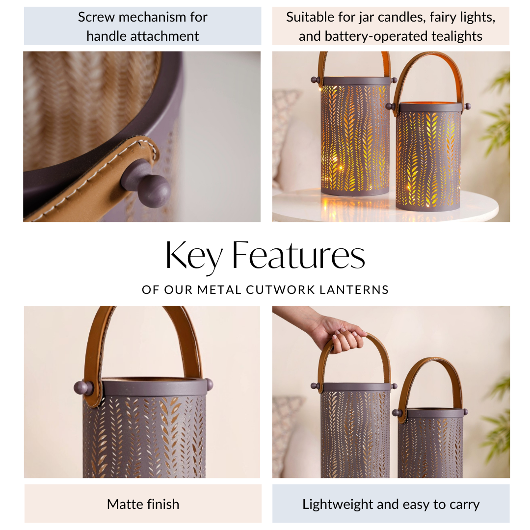 Matte Taupe Leaves Cutwork Metal Lantern Set Of 2