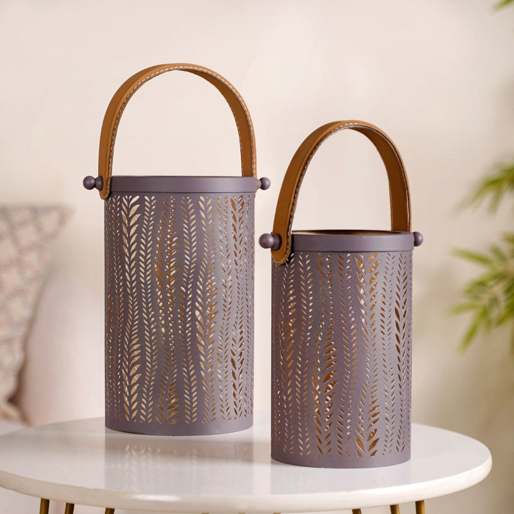 Matte Taupe Leaves Cutwork Metal Lantern Set Of 2