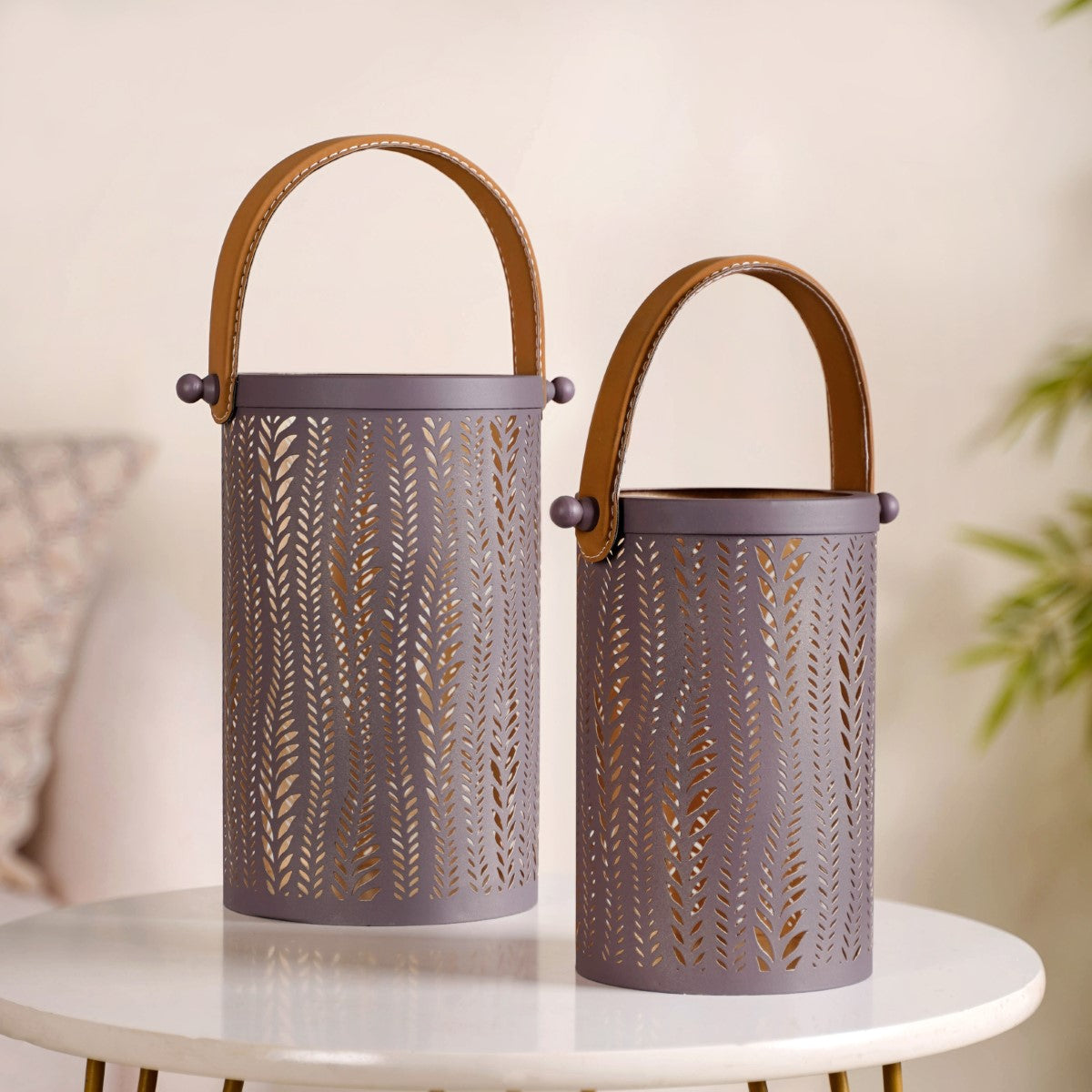 Matte Taupe Leaves Cutwork Metal Lantern Set Of 2