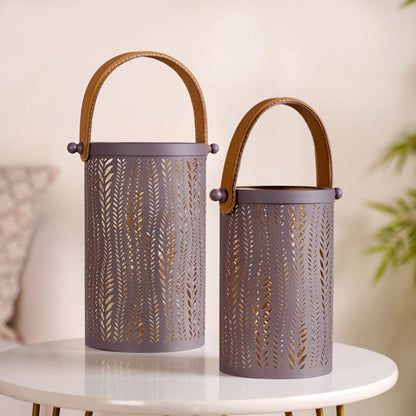 Matte Taupe Leaves Cutwork Metal Lantern Set Of 2