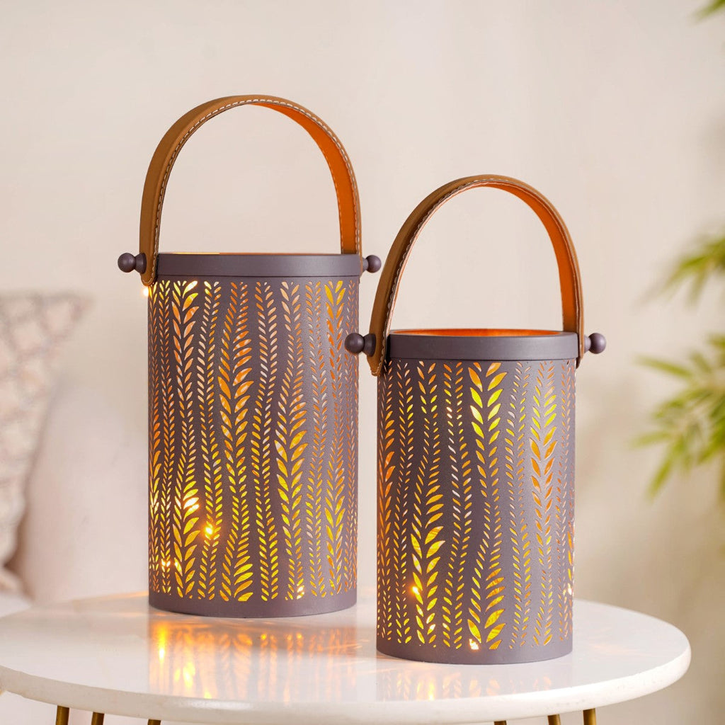 Matte Taupe Leaves Cutwork Metal Lantern Set Of 2