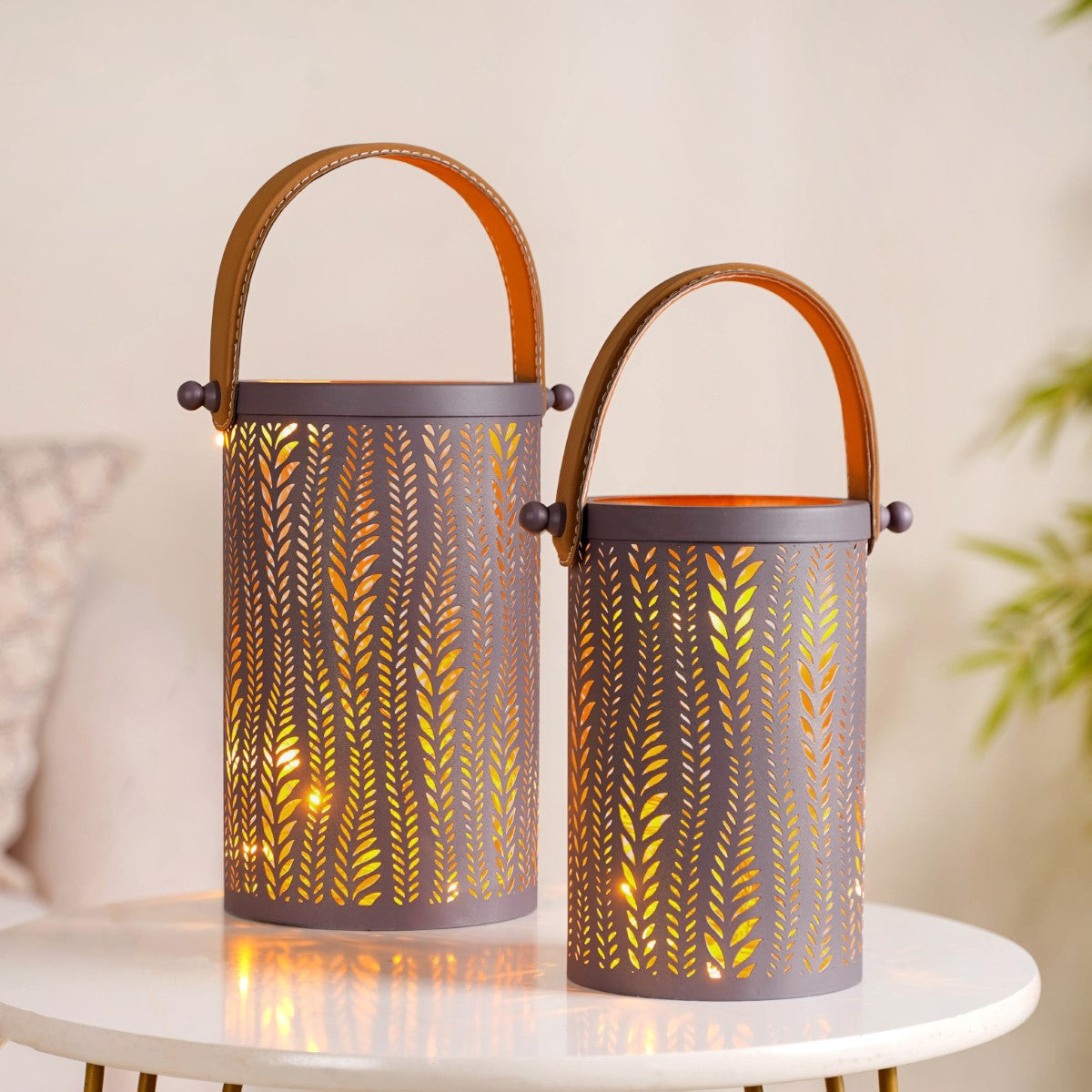 Matte Taupe Leaves Cutwork Metal Lantern Set Of 2