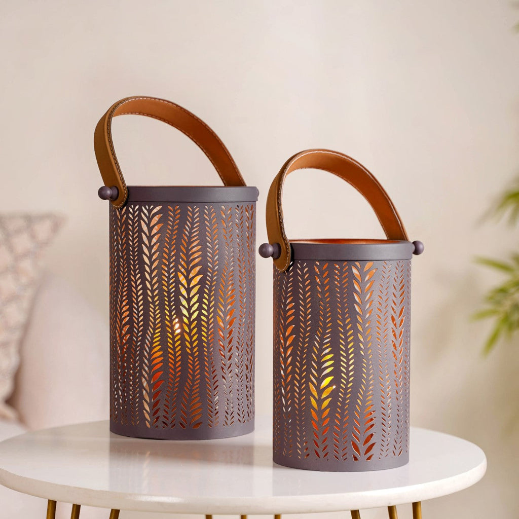 Matte Taupe Leaves Cutwork Metal Lantern Set Of 2