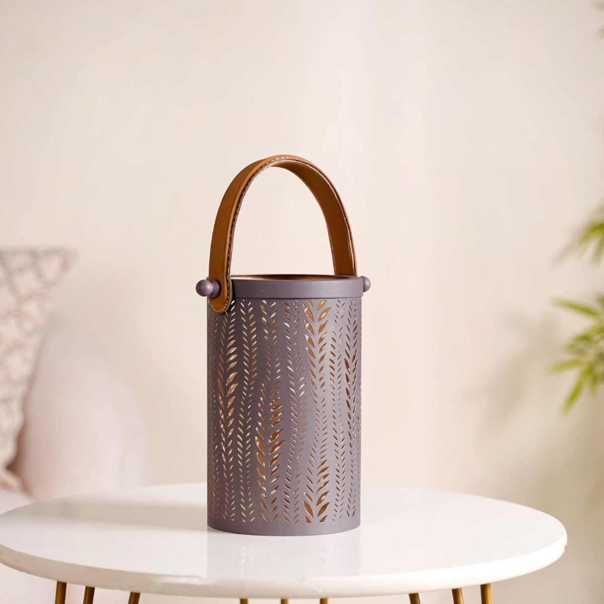 Matte Taupe Leaves Cutwork Metal Lantern Set Of 2