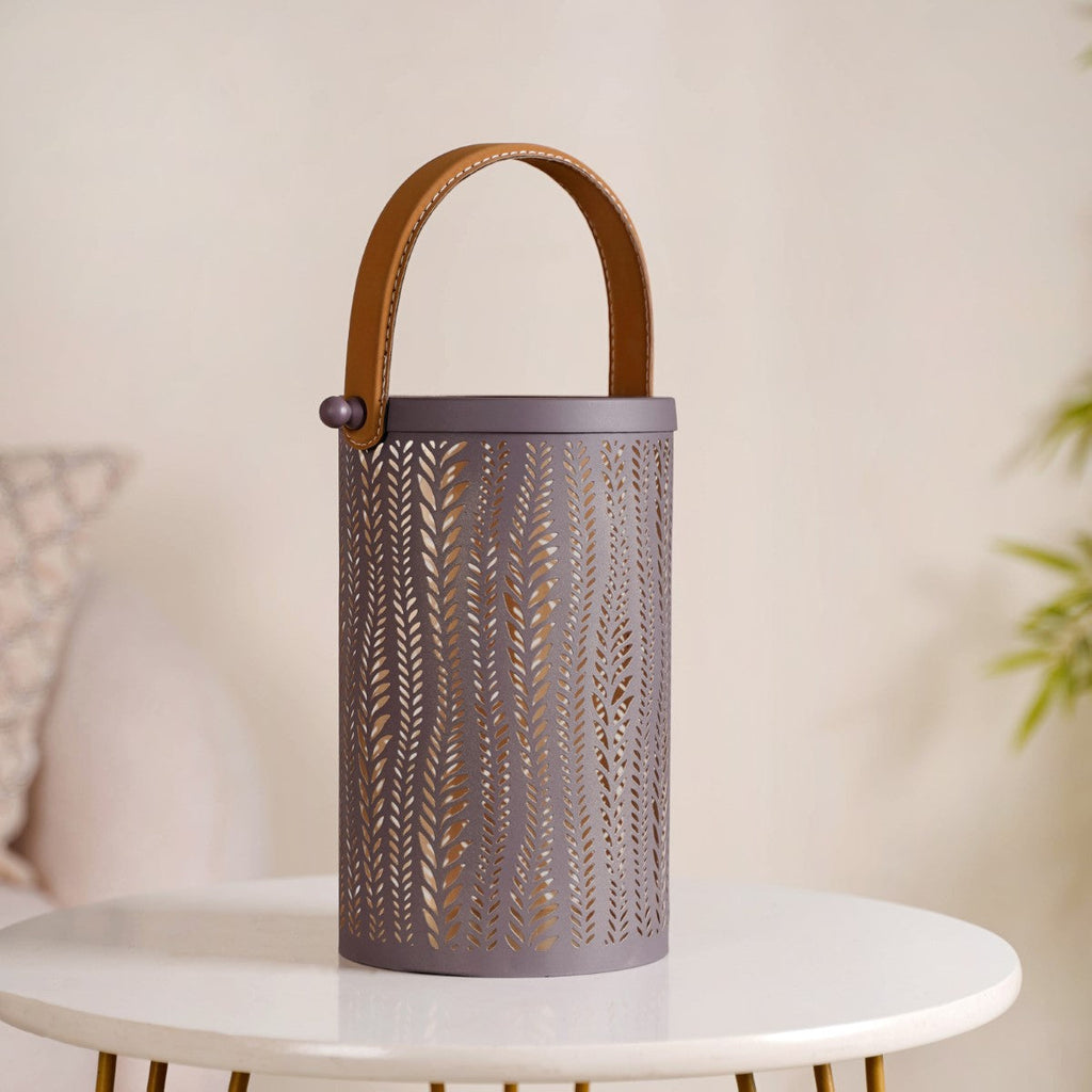 Matte Taupe Leaves Cutwork Metal Lantern Set Of 2