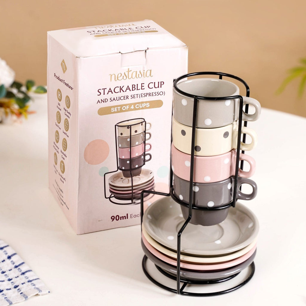 Ceramic Polka Dot Stackable Tea Cup And Saucer Set Of 4 90ml